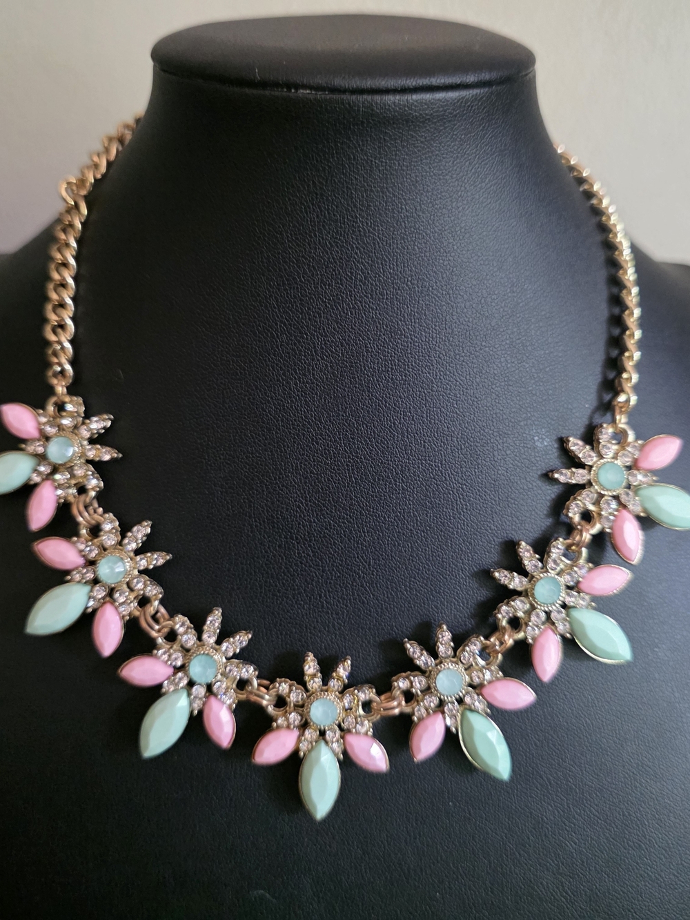 Gold Tone Pink & Mint Floral Statement Necklace - Sweet · Pastel · Dainty ·